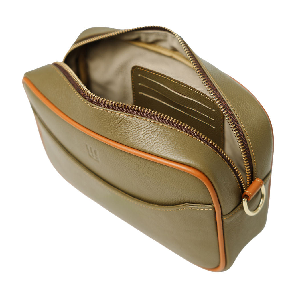 Paola — Leather Crossbody Camera Bag palomino olive green