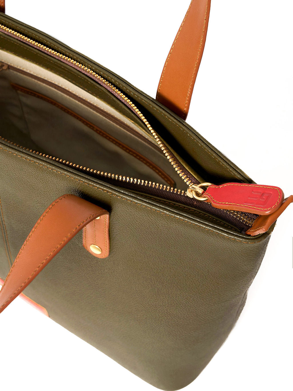 Jeannette — Leather Tote Bag with Zipper olive green