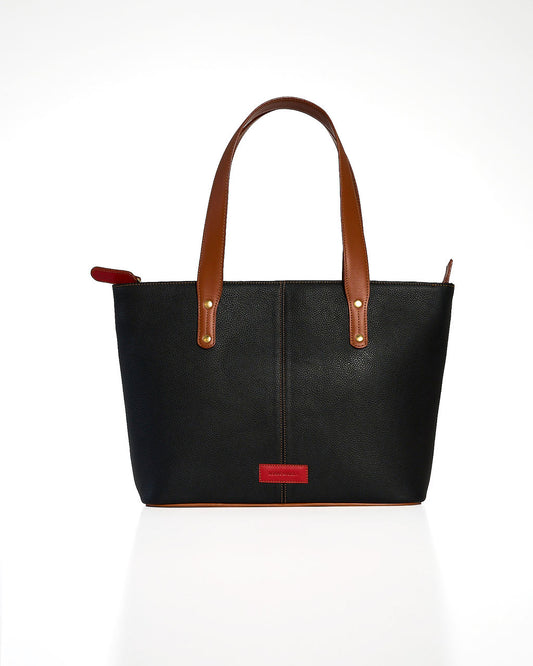 Jeannette — Bolso tote de cuero con cremallera negro con tan