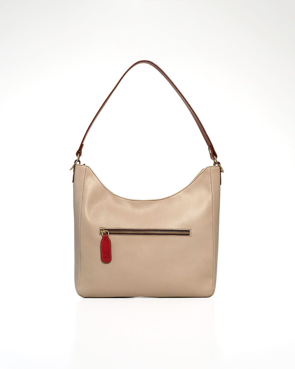 A beige leather shoulder bag with a brown leather strap and a small red leather tag, shown against a plain white background.