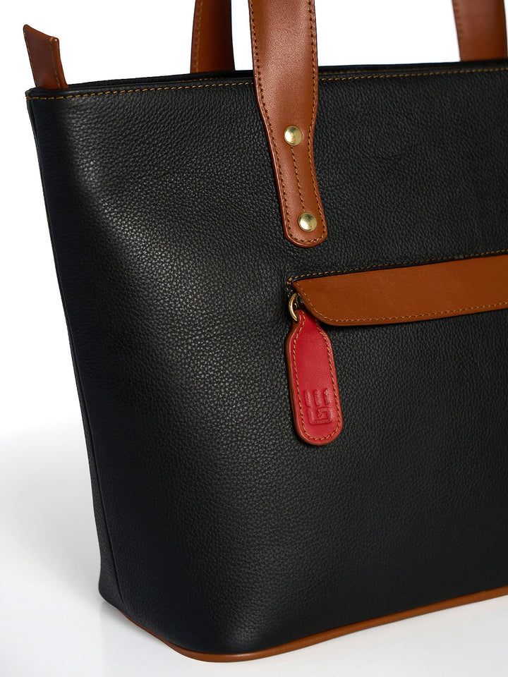 Jeannette — Bolso tote de cuero con cremallera negro con tan