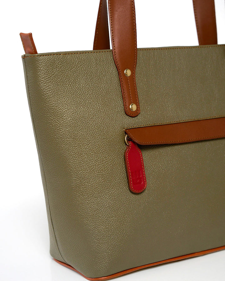 Jeannette — Leather Tote Bag with Zipper olive green