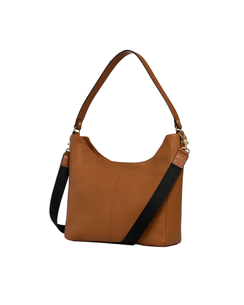 A brown leather hobo shoulder bag with a black webbed strap and gold-tone hardware, shown on a clean white background.