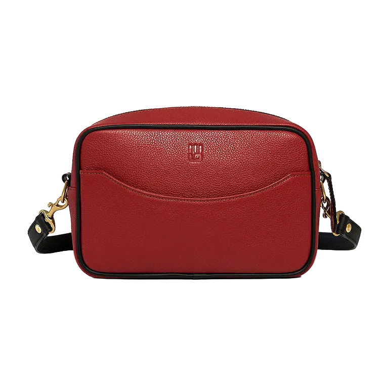 A red textured leather crossbody bag with a black strap and gold-tone hardware, displayed against a clean white background.