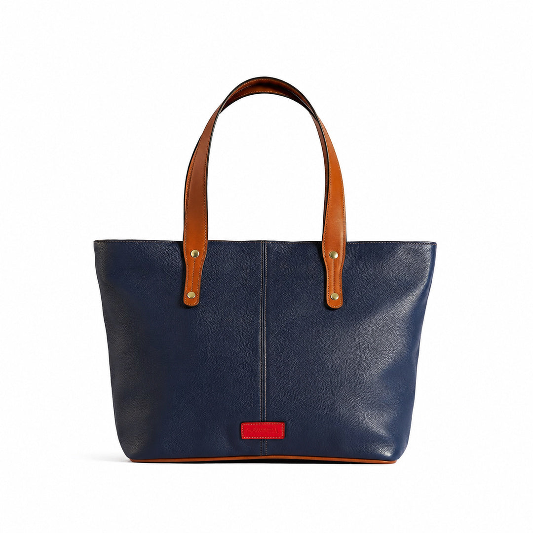 Jeannette — Bolso tote de cuero con cremallera azul royal con tan