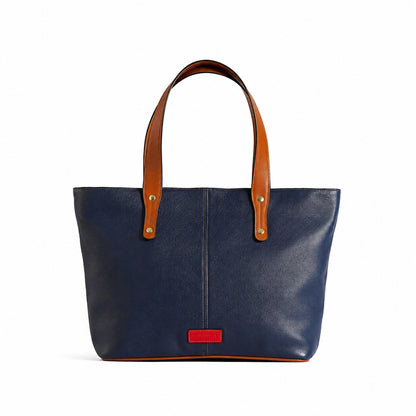 Jeannette — Bolso tote de cuero con cremallera azul royal con tan