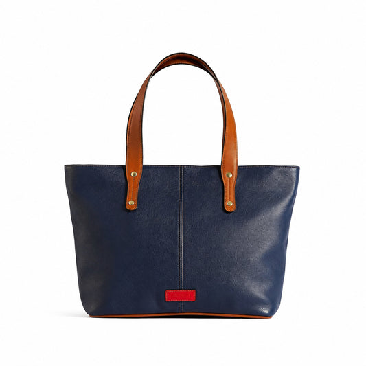 Jeannette — Bolso tote de cuero con cremallera azul royal con tan