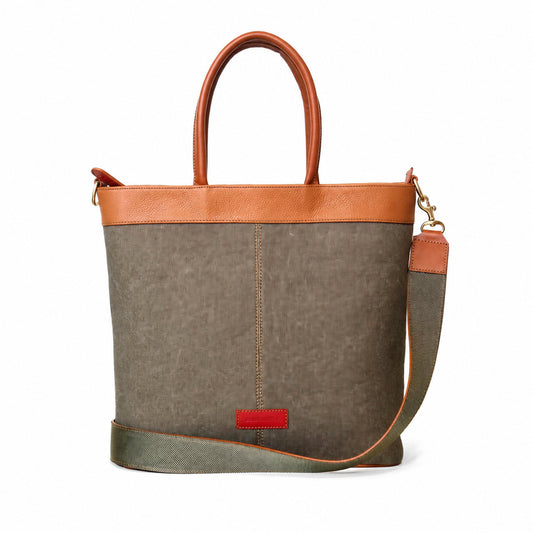 Uanny — Crossbody Tote Bag in Leather green canva with tan